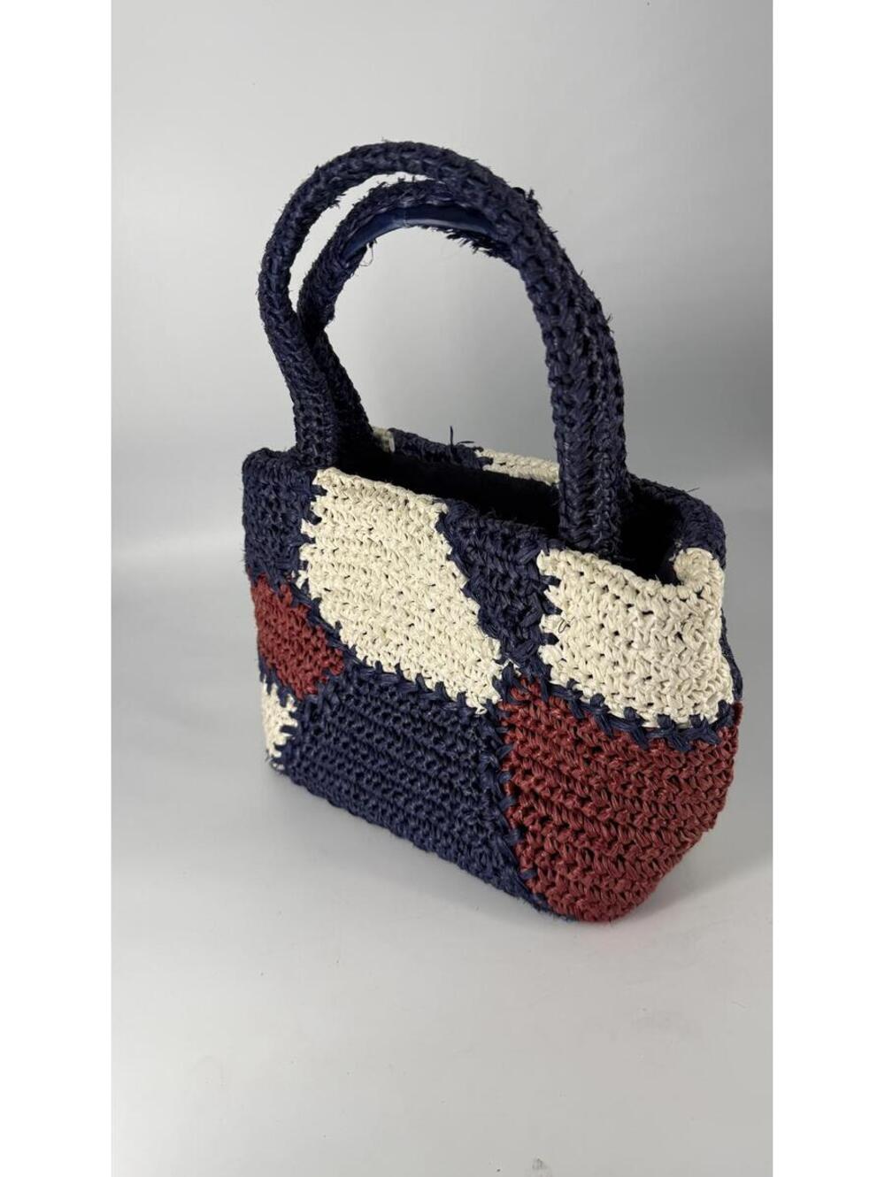 70's Walborg Vintage Handmade in Japan Crochet Purse Red Blue Cream Color Block